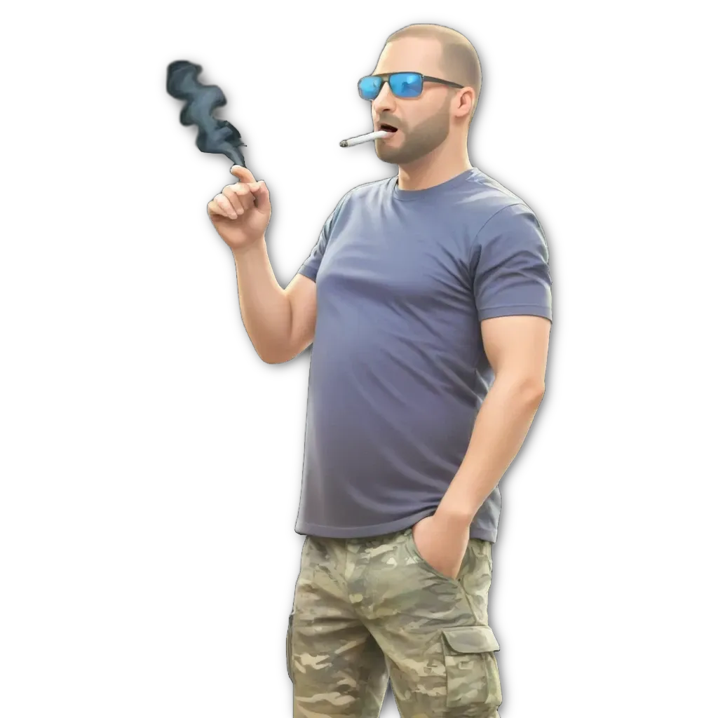 A man with a cigarette and sunglasses is standing on a black background.