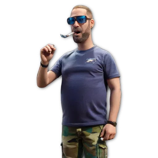 A man with a cigarette and sunglasses is holding a gun.