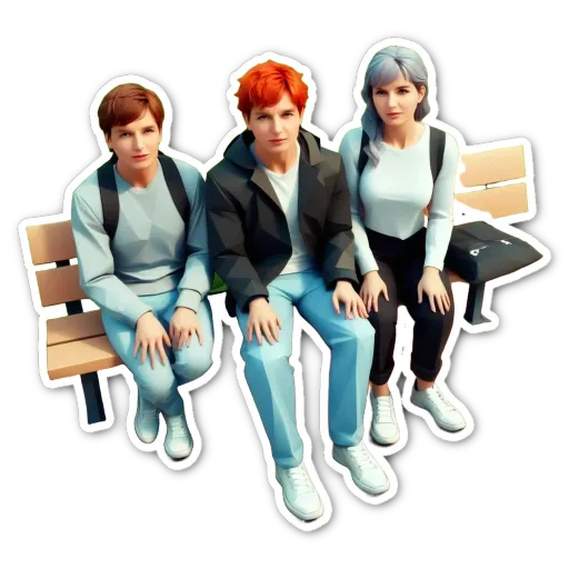 Three people sitting on a bench, all wearing the same outfit.