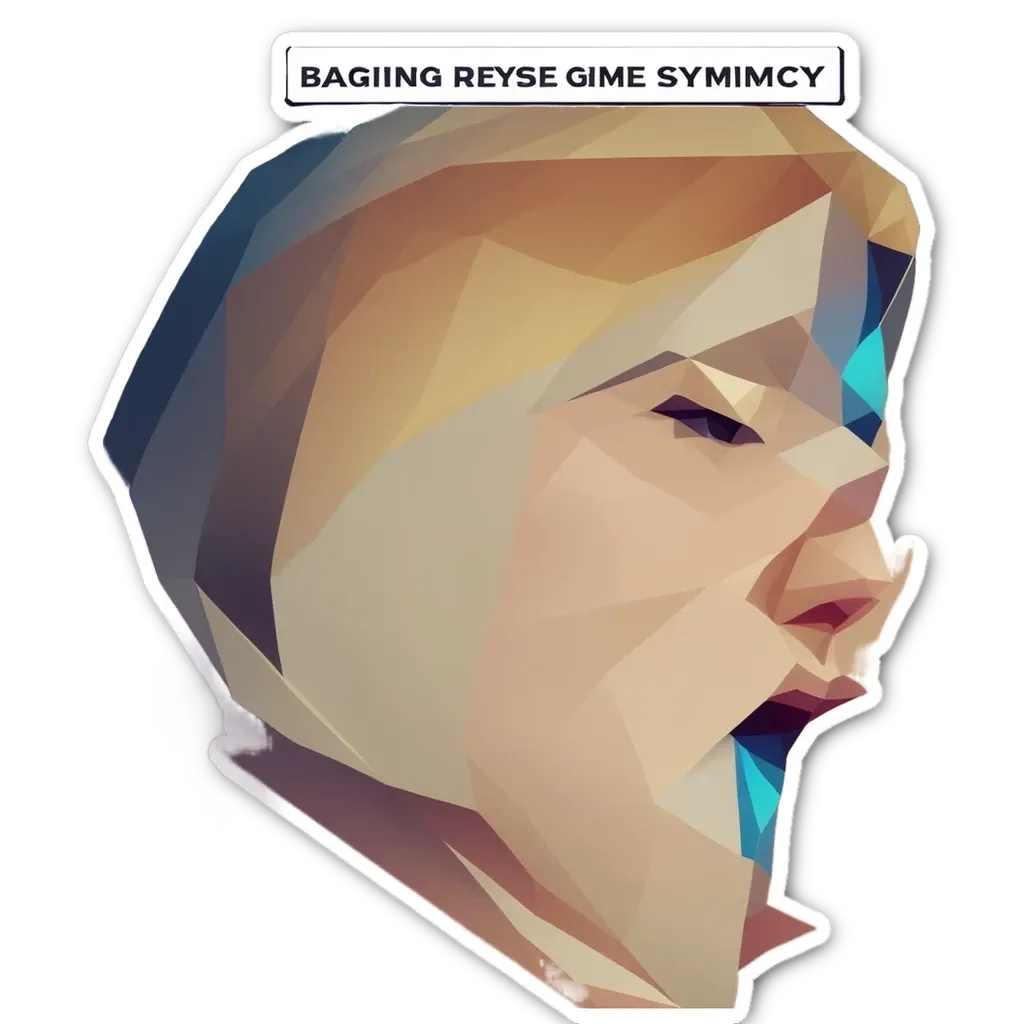 A person with a mouth open and a polygonal head sticker on a black background.