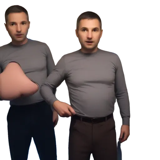 Two men with fake tummies, one of which is wearing a grey shirt.