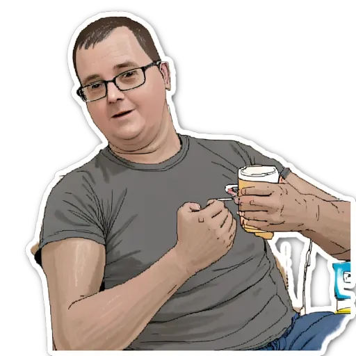 A man with a grey shirt is holding a cup and has a fist on his chest.