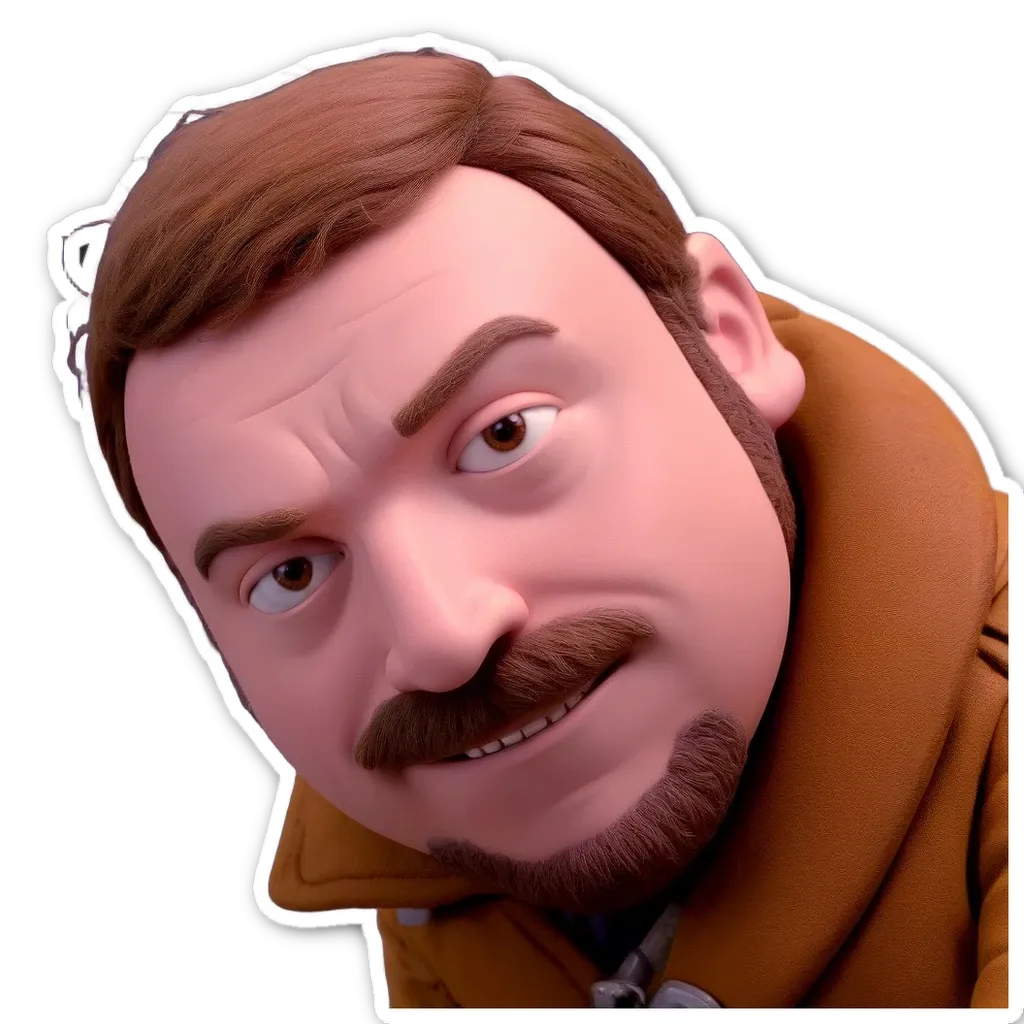 A sticker of a man with a mustache and brown jacket.