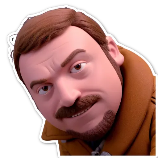 A sticker of a man with a mustache and brown jacket.