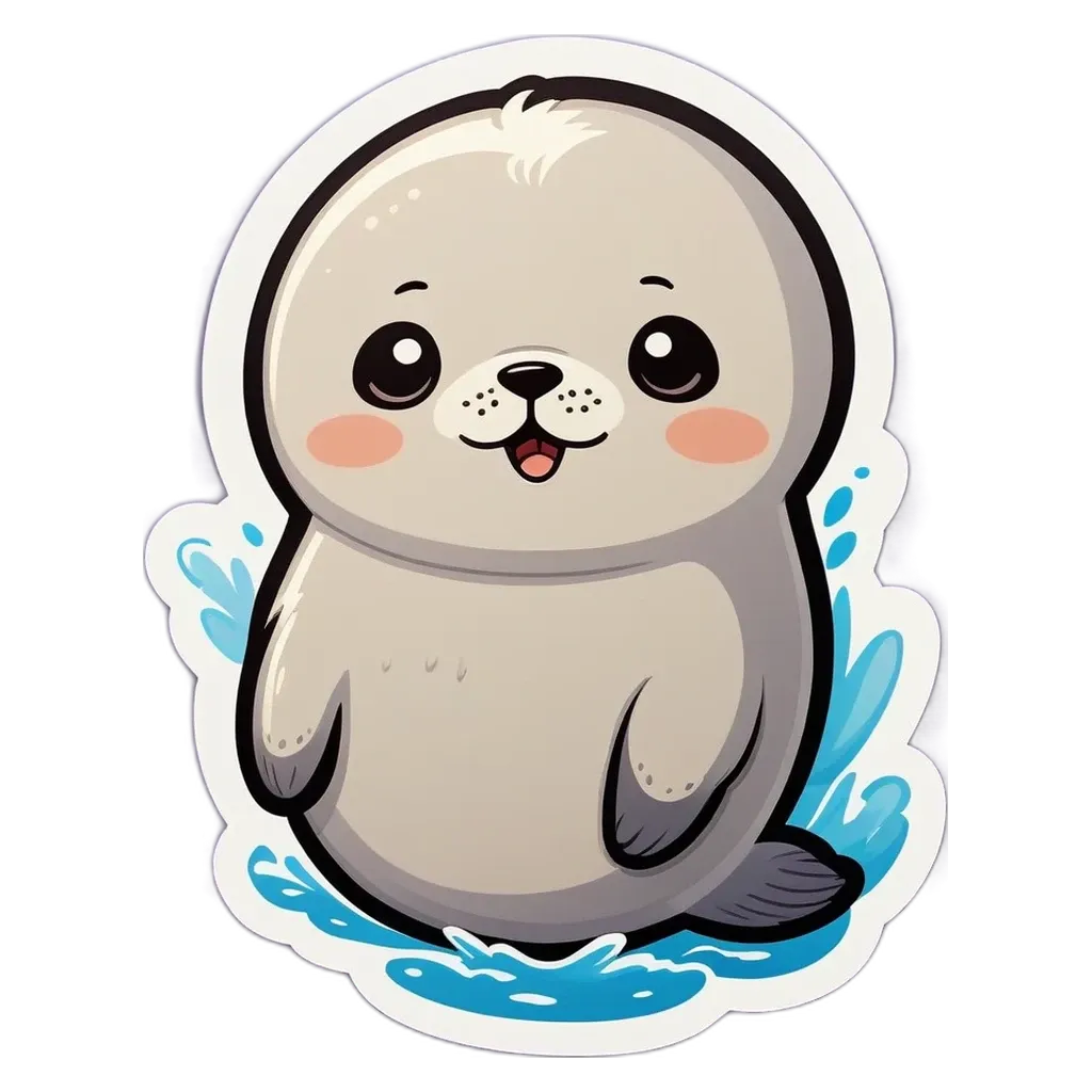 A cute seal sticker is on a black background.