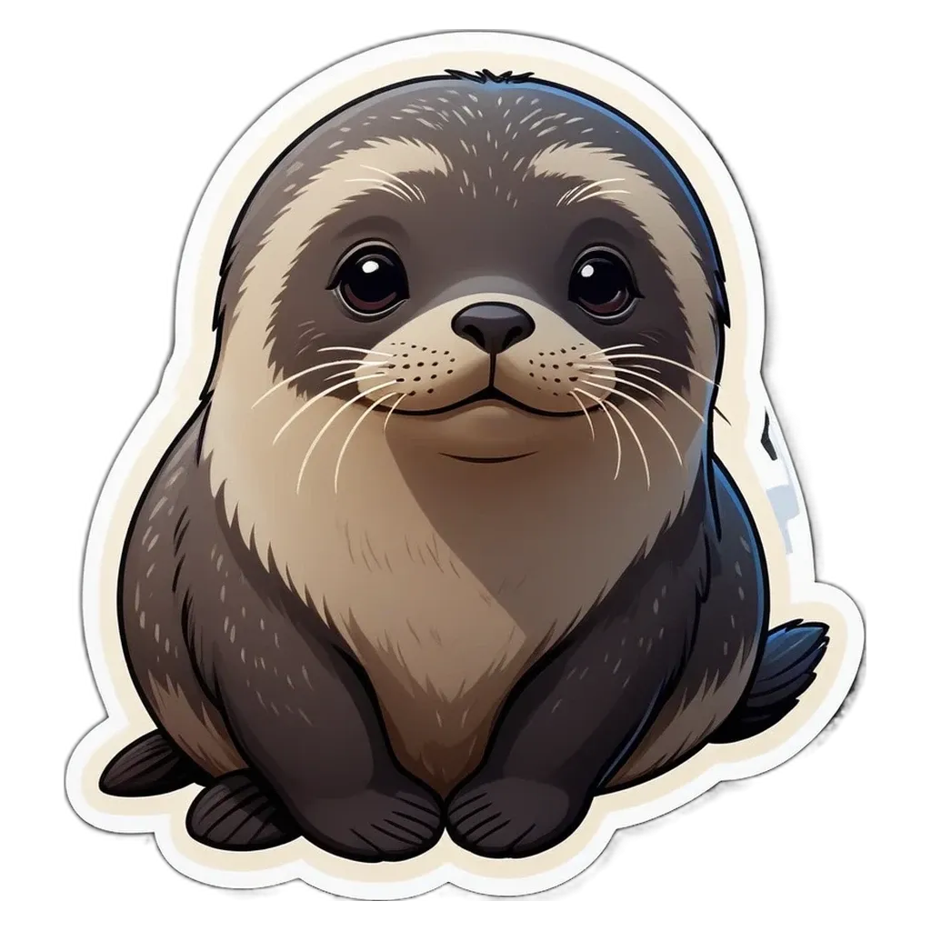 A cute seal sticker is on a black background.