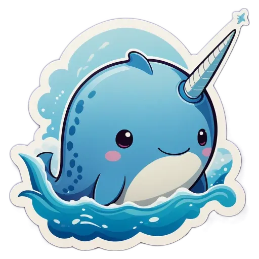 A sticker of a narwhal with a smiley face.