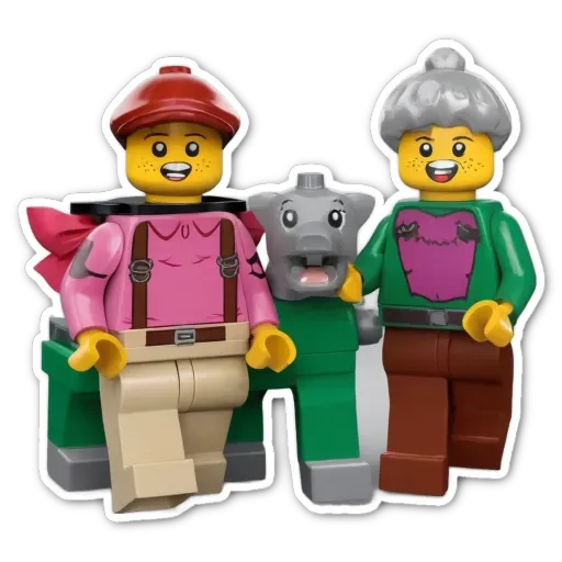 Three legos that look like a family with an old woman in the back.