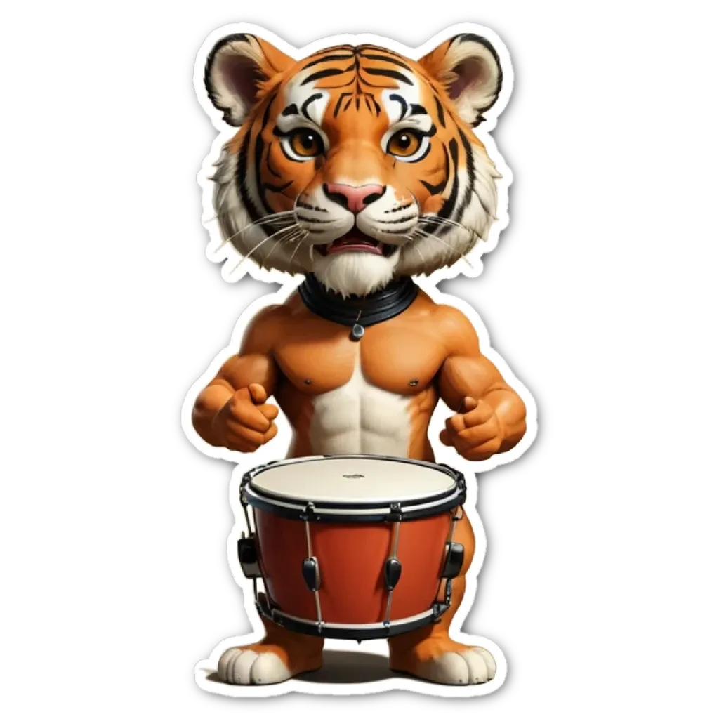 A cartoon picture of a tiger with a drum set.