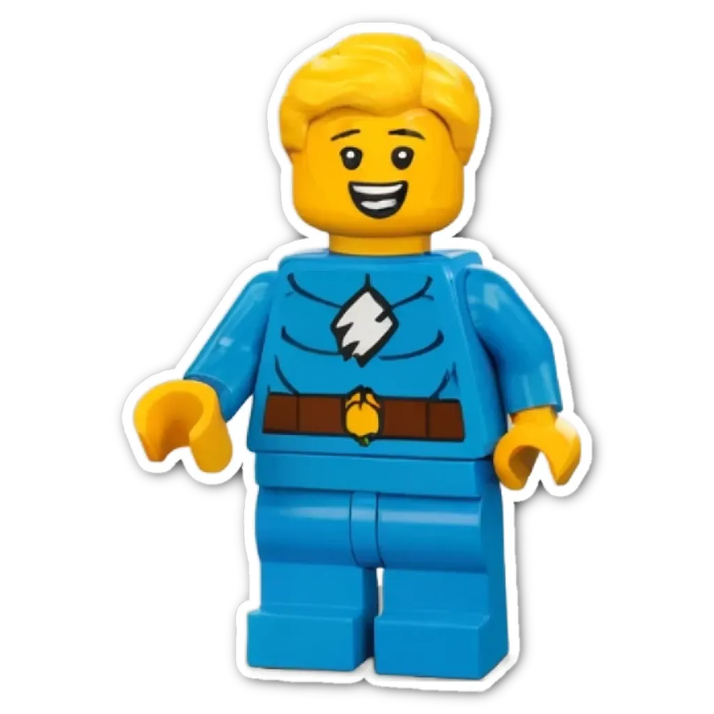 A blue lego person with a lightning bolt on the chest.