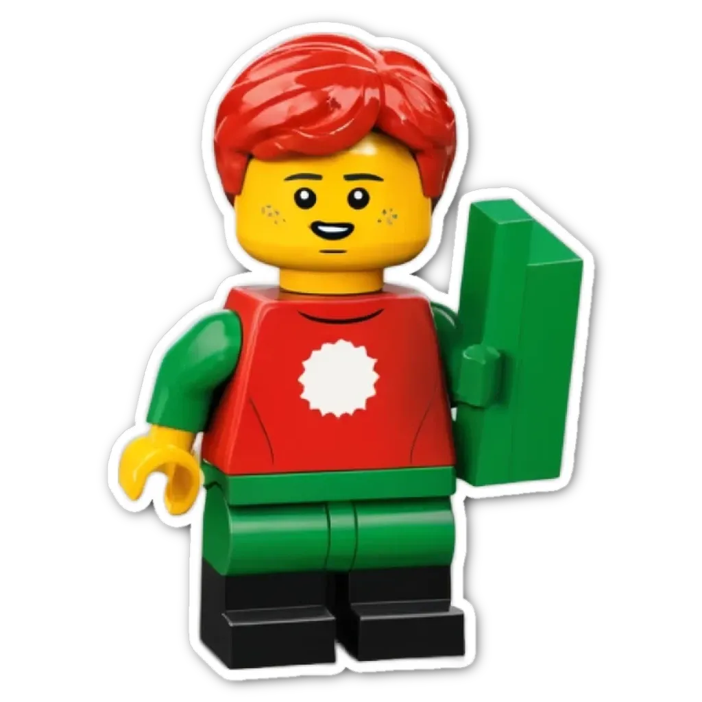 A redheaded boy wearing a green and red Lego shirt holding a green box.