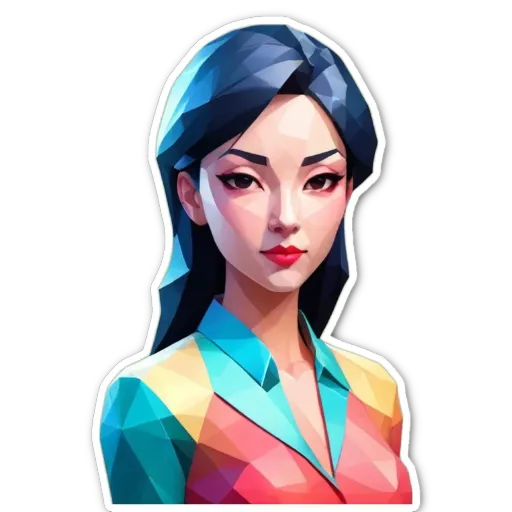 A woman is staring at the camera, her face is made up and she is wearing a colorful shirt.