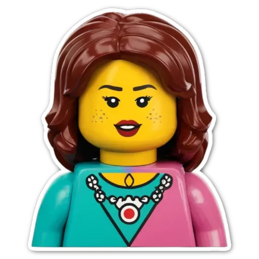 A colorful lego girl with a necklace and red lipstick.