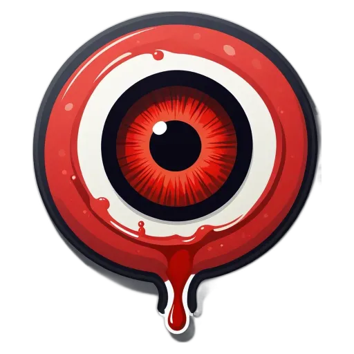 A sticker of a eye with red and white coloring and a drop of red blood below it.
