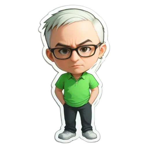 A green colored character with black glasses standing up.