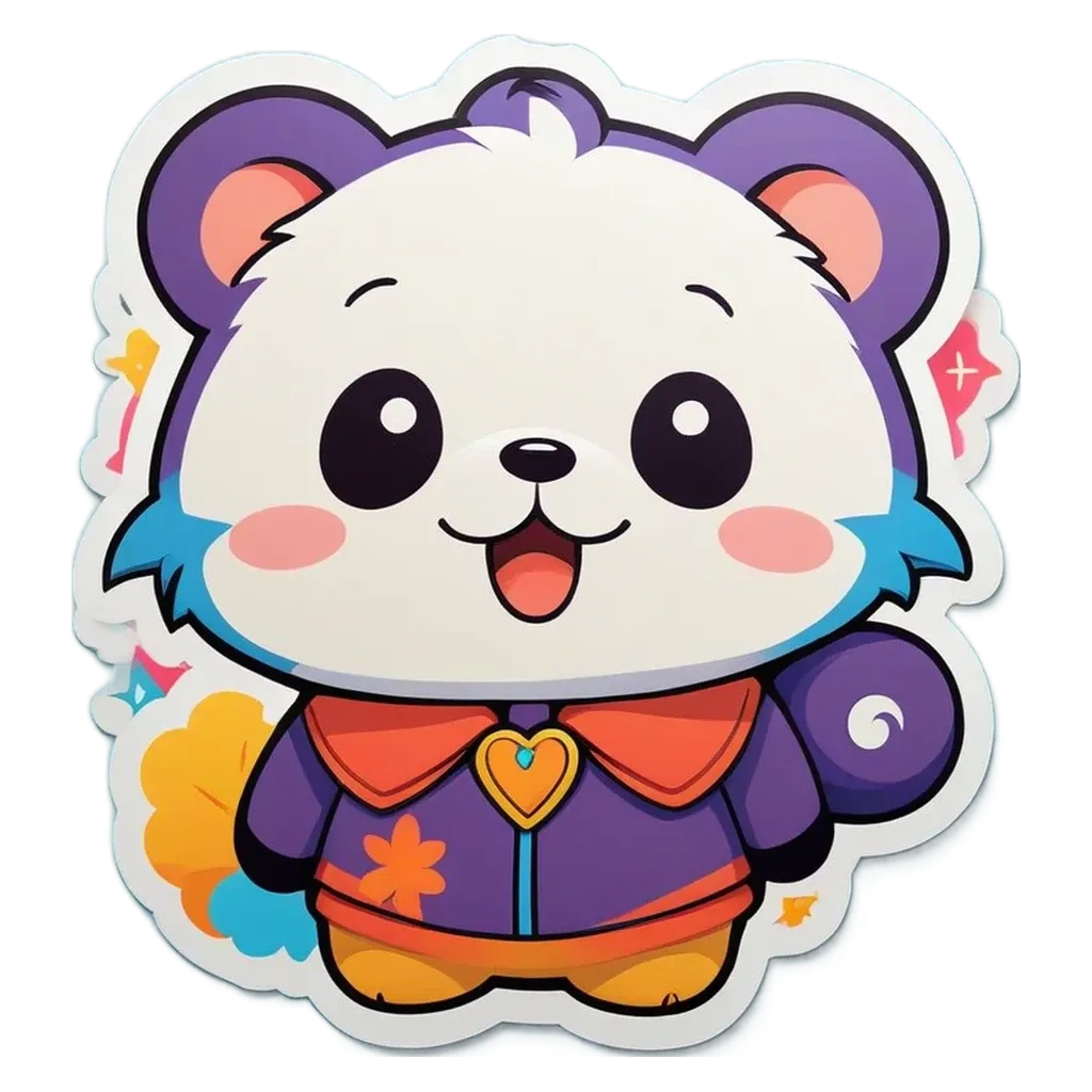 A panda bear in purple and white with a heart for a nose.