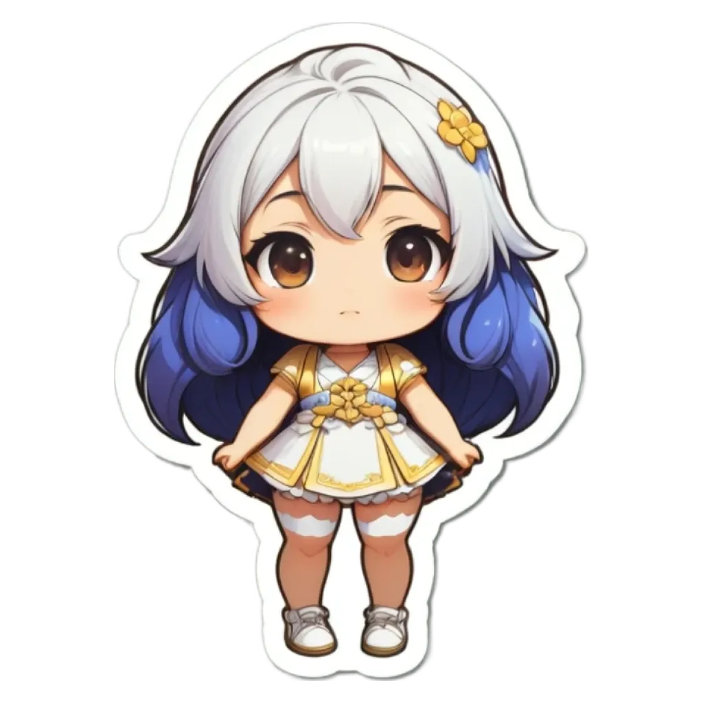 A girl with blue hair that is on a white background.