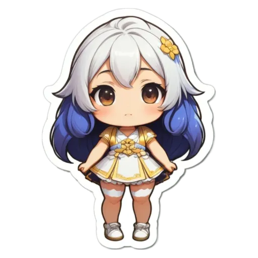 A girl with blue hair that is on a white background.