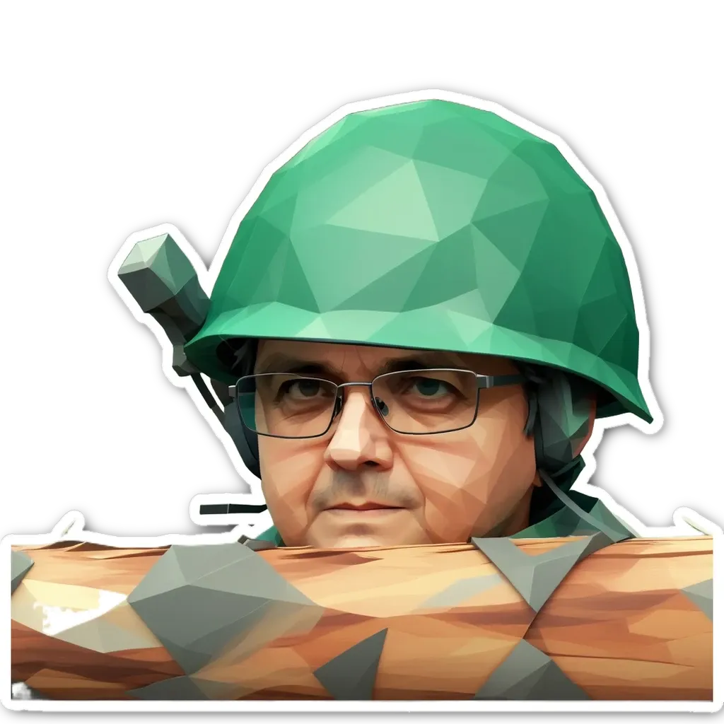 A polygonal sticker of a man in a green helmet with glasses.