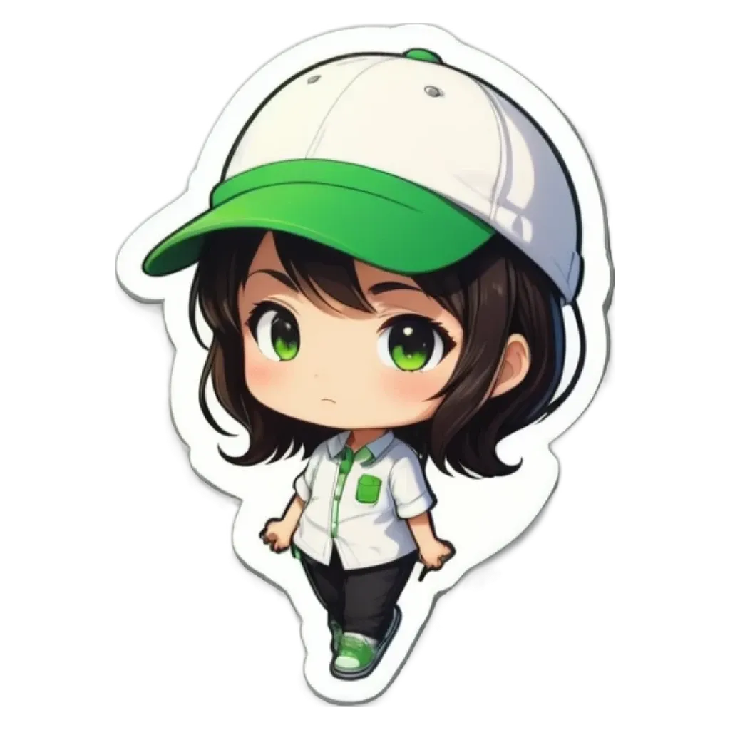 A girl wearing a white and green hat is walking.