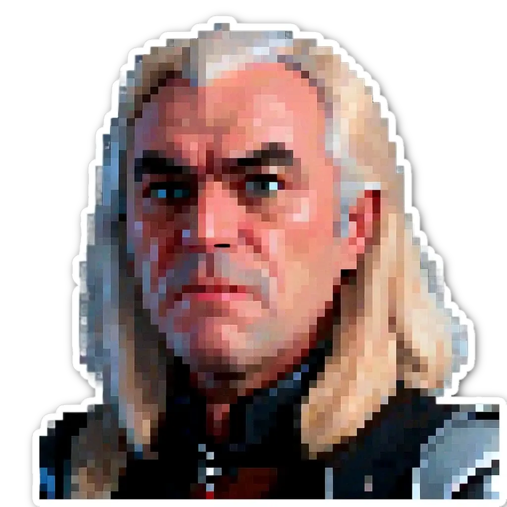 A pixelated picture of a man with a scowl on his face.