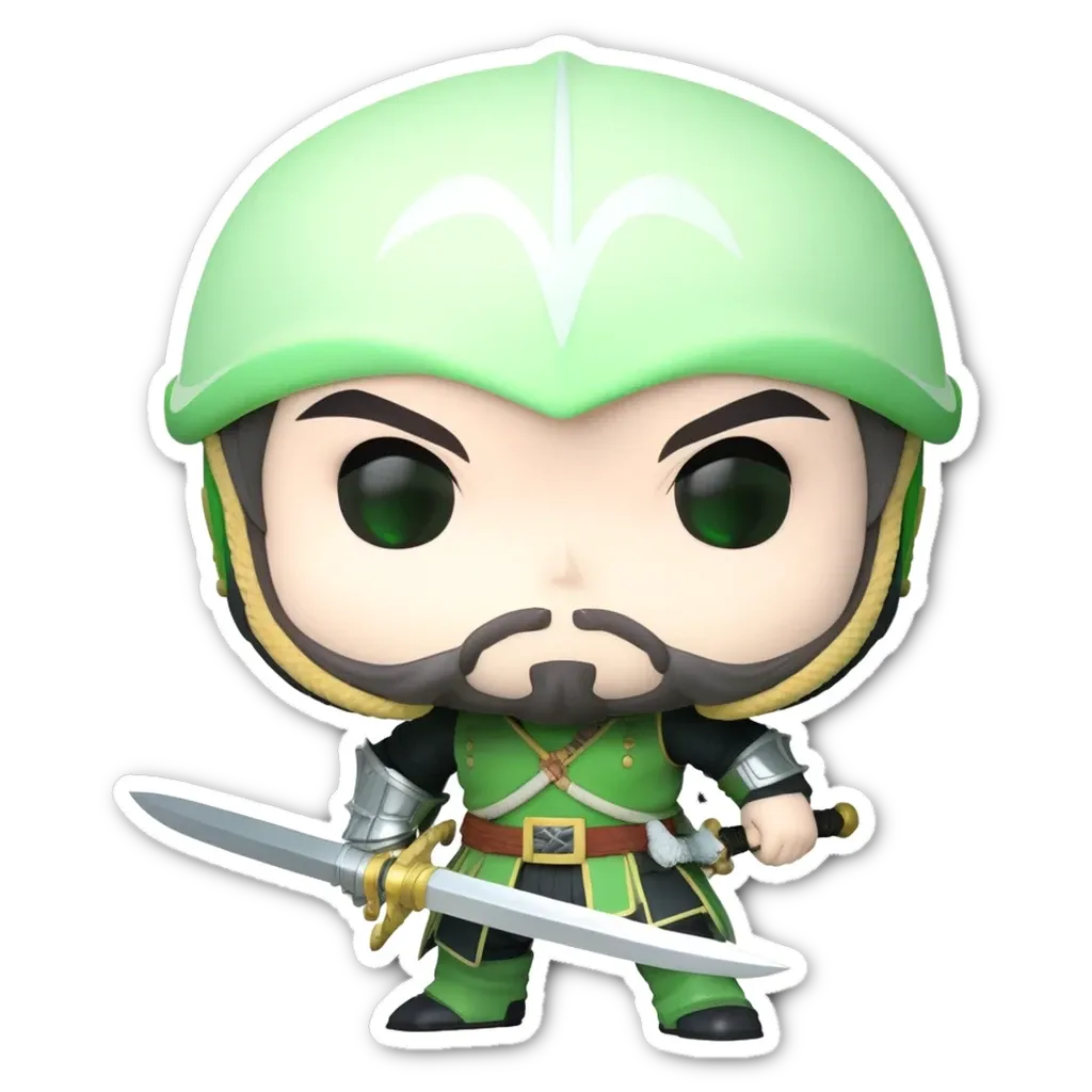 A green and black pop up sticker of a man with a sword.