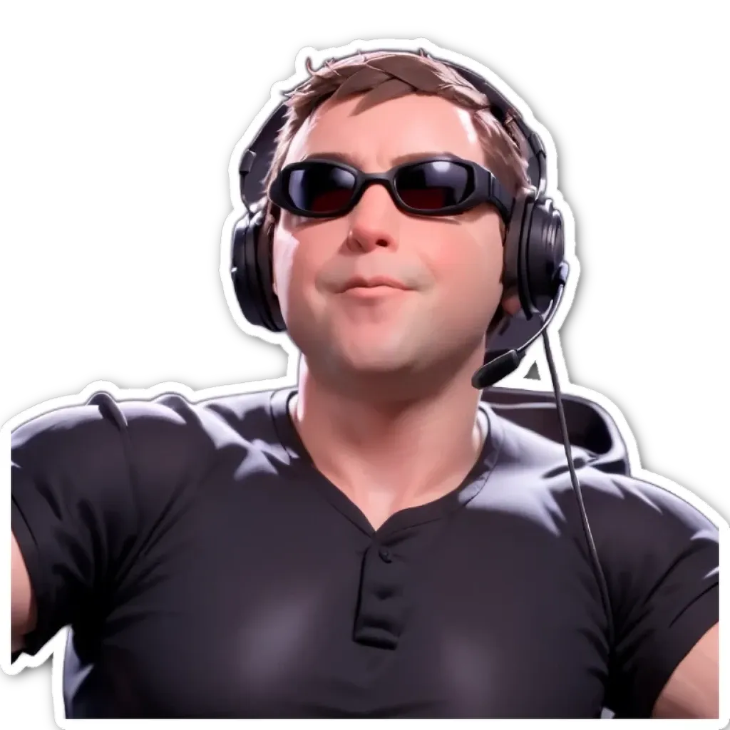 A sticker of a man with sunglasses and a headset.