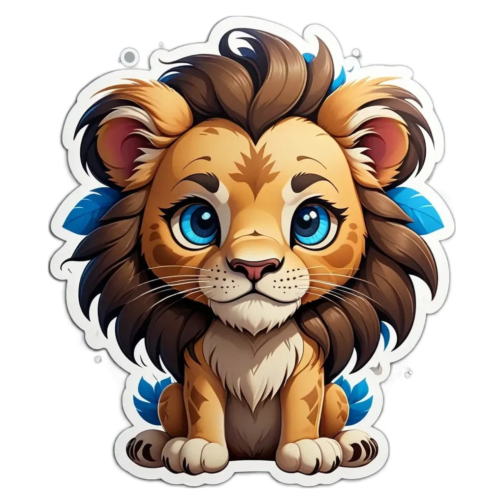 A lion with blue eyes is sitting on a black background.