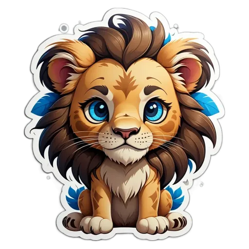 A lion with blue eyes is sitting on a black background.