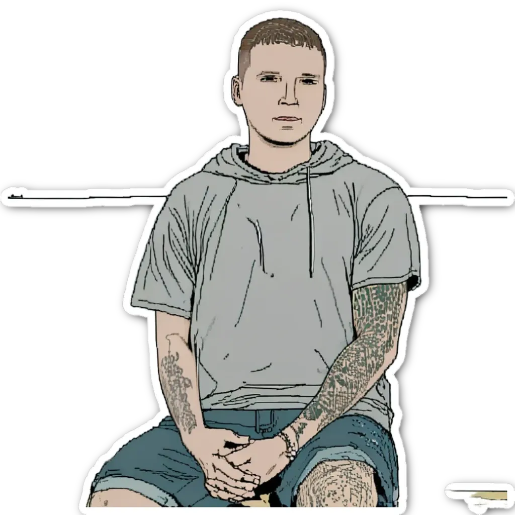 A very brief description of the image is that a young man with tattoos is sitting down.