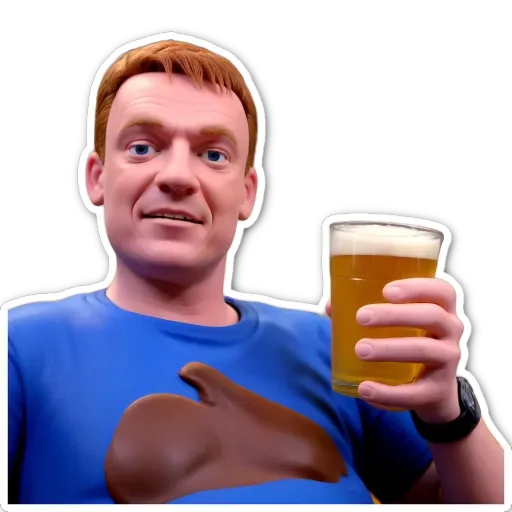 a man with a blue shirt holding a glass of beer.