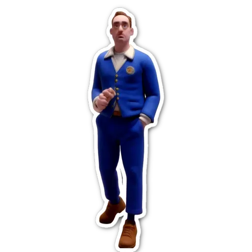 A blue colored man with a jacket and shoes standing in front of a black background.