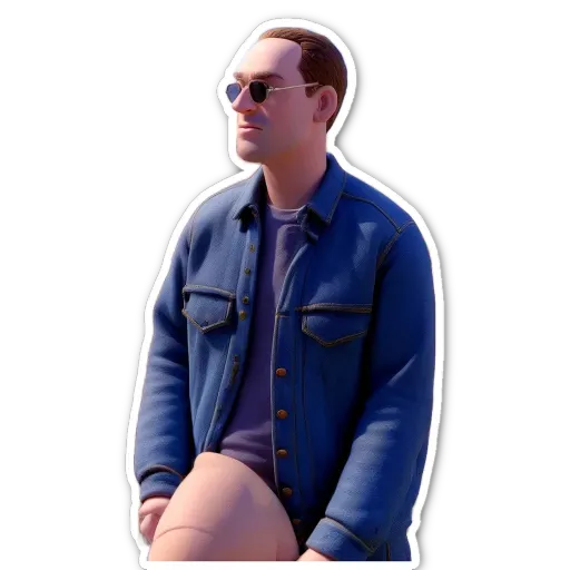 A sticker of a man wearing a blue jacket.