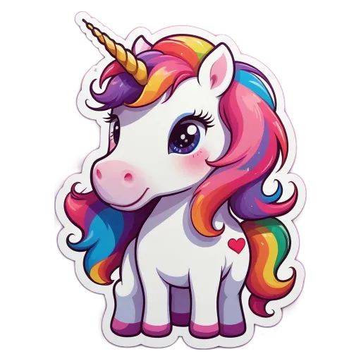 A unicorn with a rainbow mane and a heart in its eye.