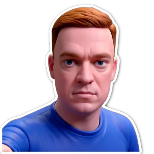 A sticker of a man's face with a blue shirt and blue eyes.