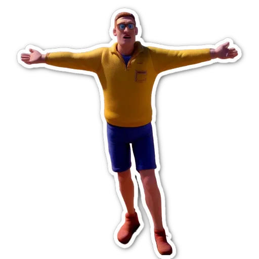 A yellow man with blue shorts on a black background.