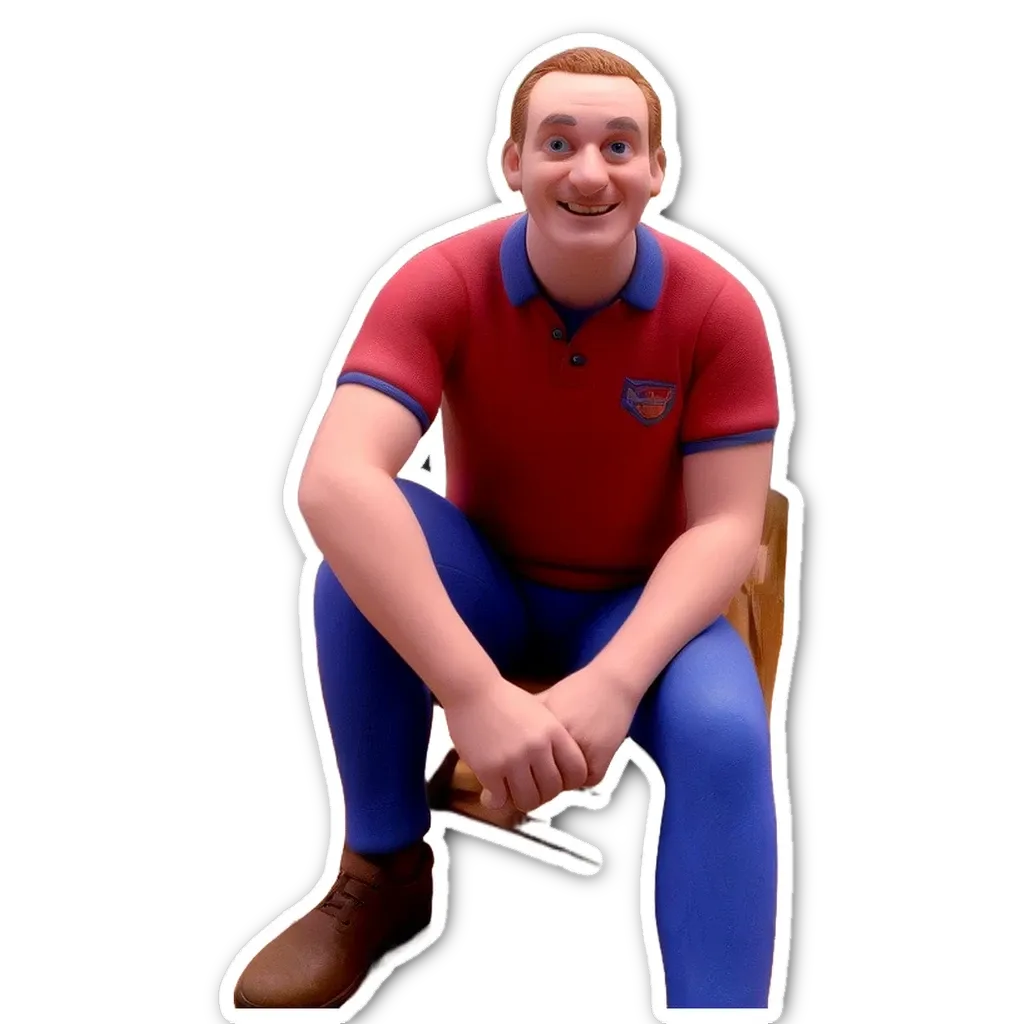 A sticker of a man in a red shirt who is sitting in a blue shirt.