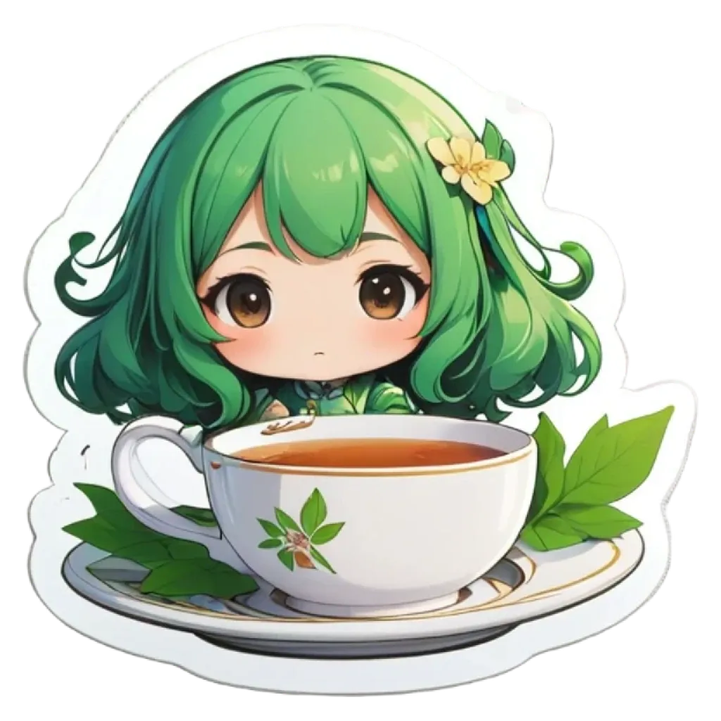 A girl with a cup of tea and flowers that is green.