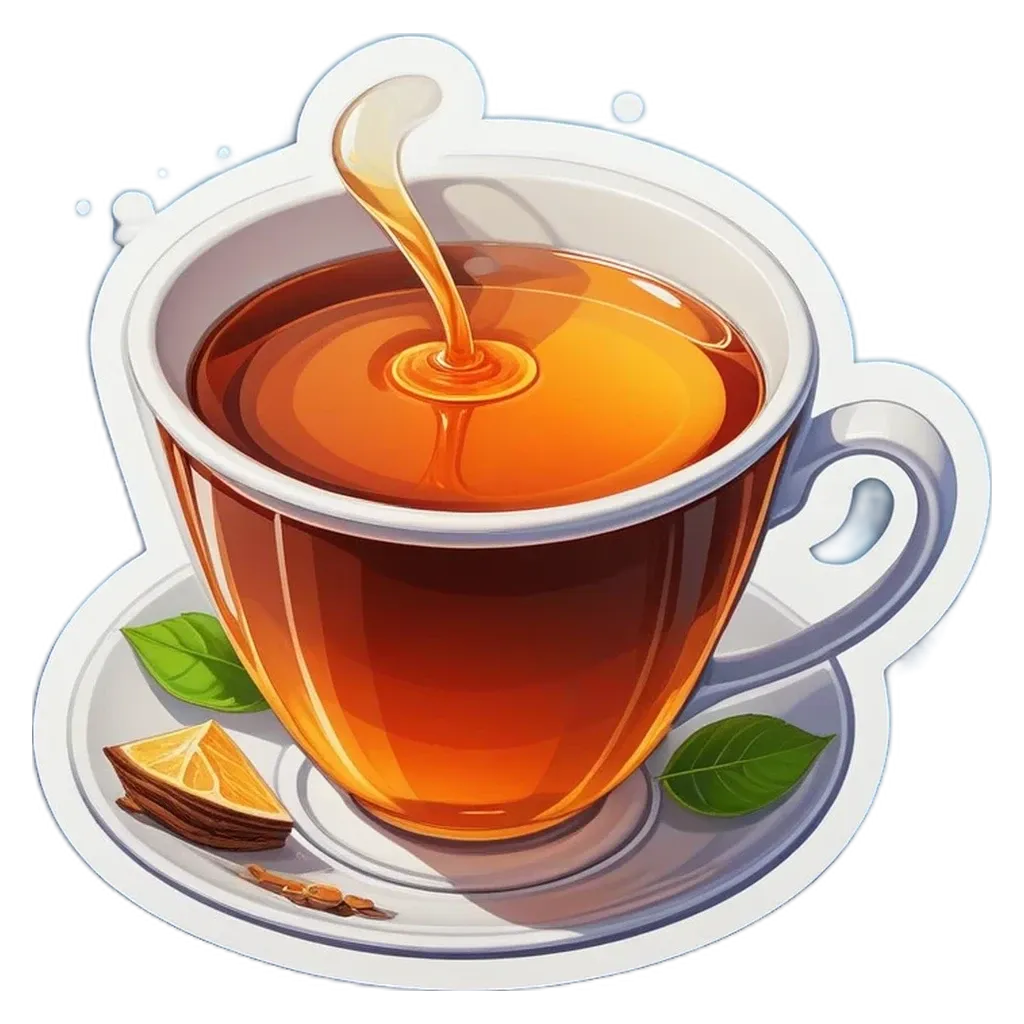 A cartoon depiction of a tea cup with a splash of tea in it.