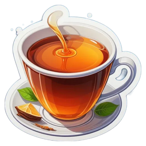 A cartoon depiction of a tea cup with a splash of tea in it.