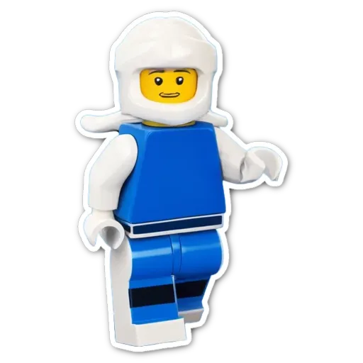 A blue and white lego person on a black background.