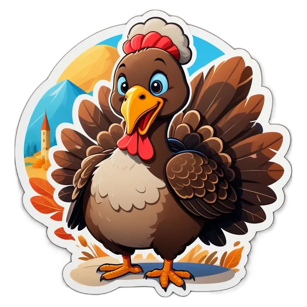 A cartoon turkey with a hat on is standing on a black and white background.