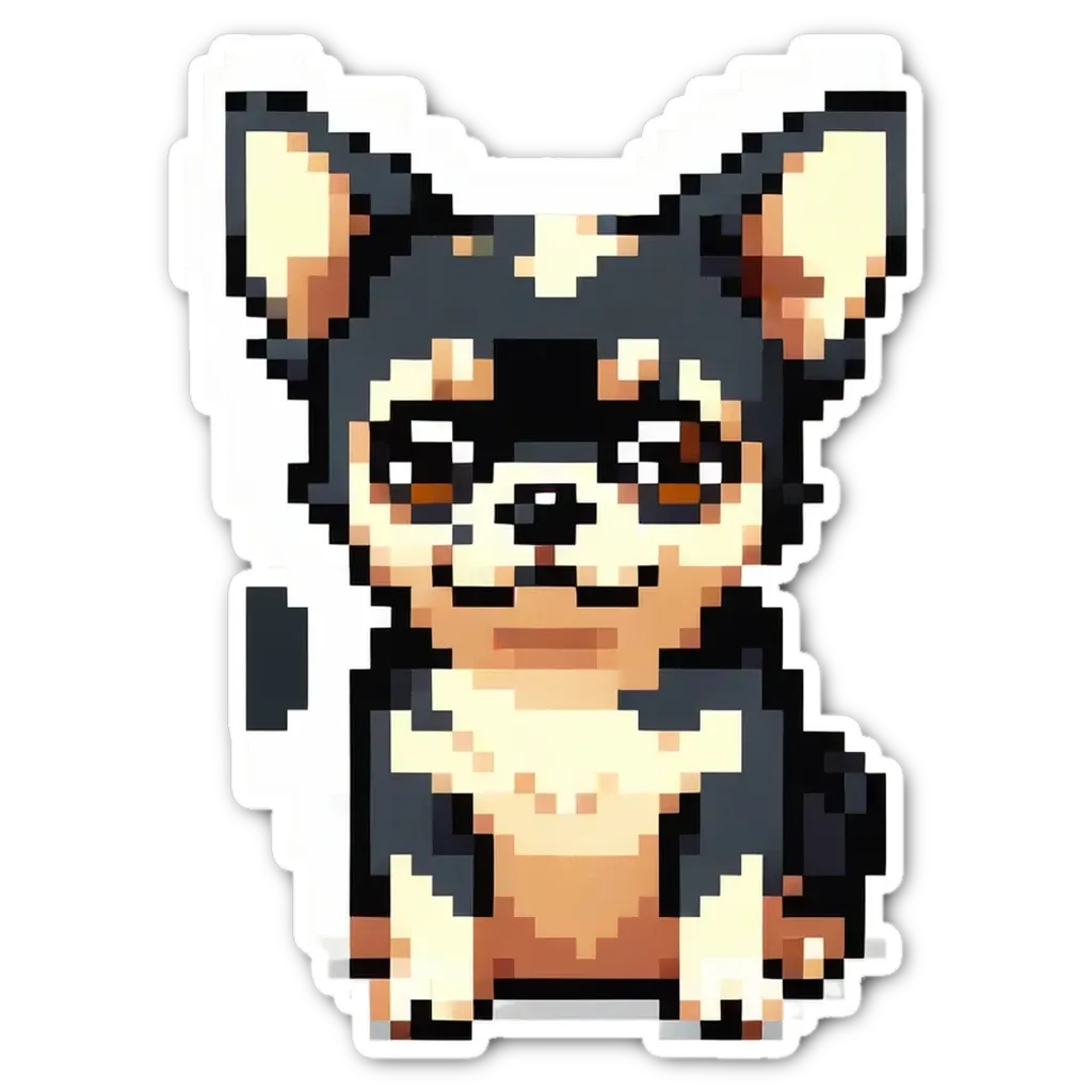 A small pixelated dog with black and tan fur.