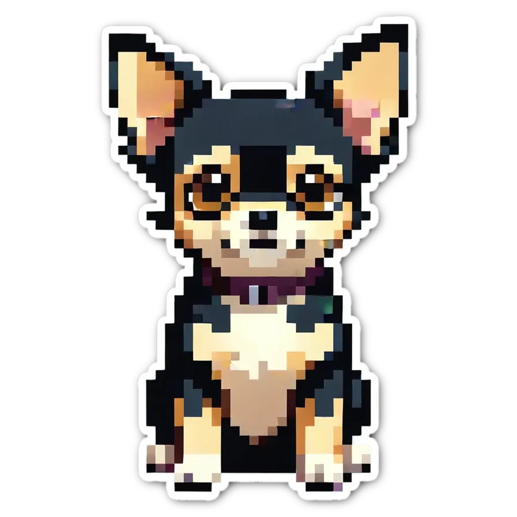 A small pixelated dog with black and brown ears and a purple collar.