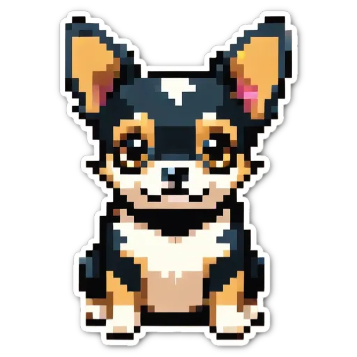 A chihuahua puppy in a black and white color with a smile on its face.