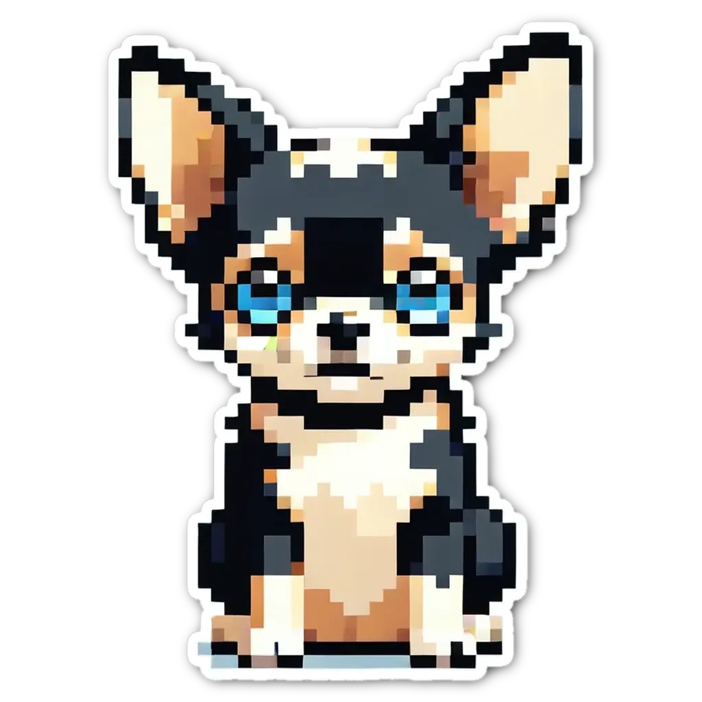 A small pixelated dog with blue eyes is staring at the camera.