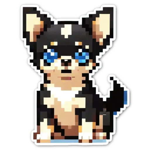 A small pixelated dog with blue eyes is sitting on a black background.