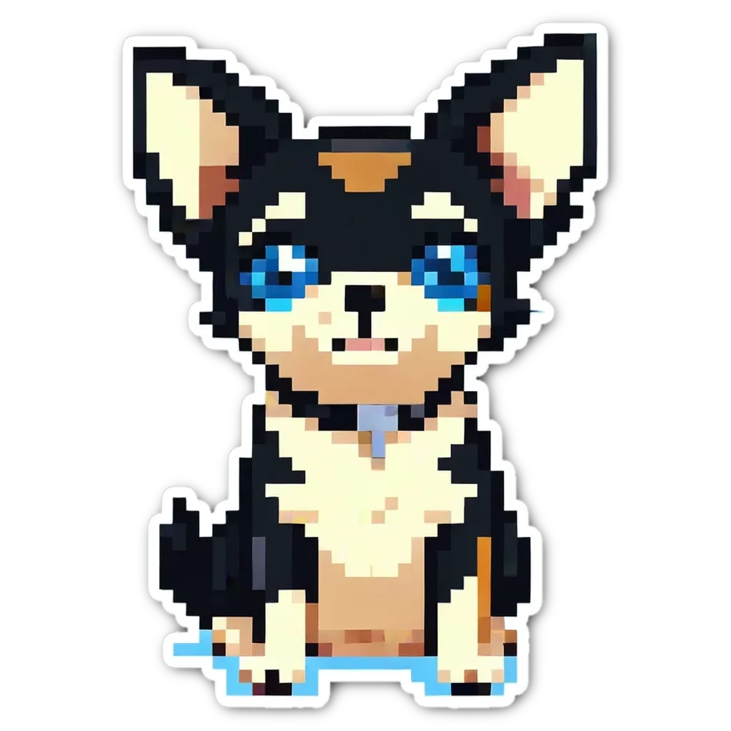 A small pixelated dog with blue eyes is staring at the camera.