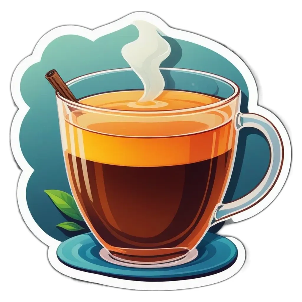 A sticker of a cup of coffee with a cinnamon stick in it.