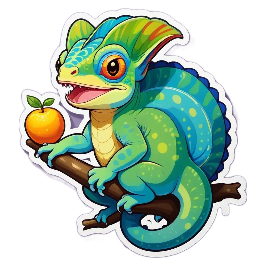 A lizard is sitting on a branch and holding an orange.